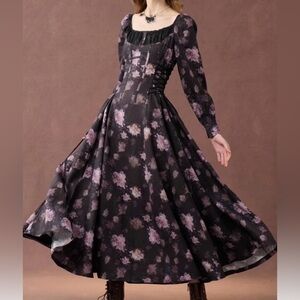 100% Linen Victorian Style Floral Long Sleeve Dress Size XS